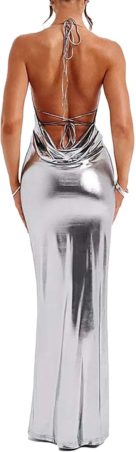 Sleeveless Backless Maxi Dress Women's Shiny Spaghetti Strap Bodycon Maxi Dresses Sexy Glitter Metallic Dress