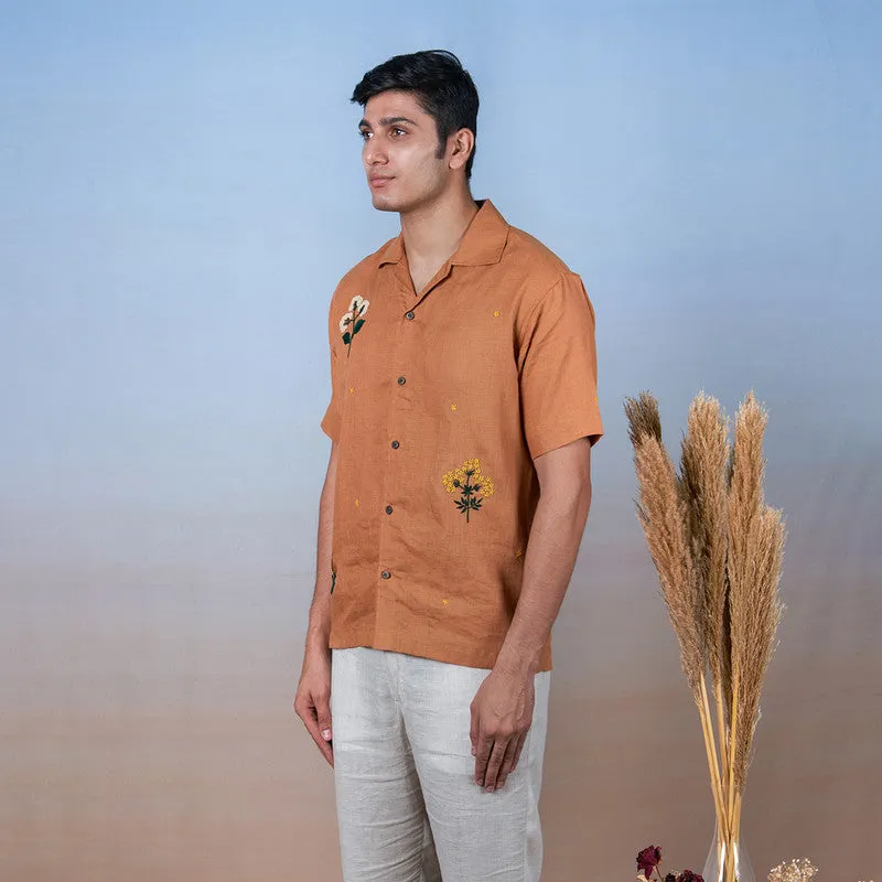 Unisex Linen Half Sleeves Shirt | Hand Embroidered | Ochre