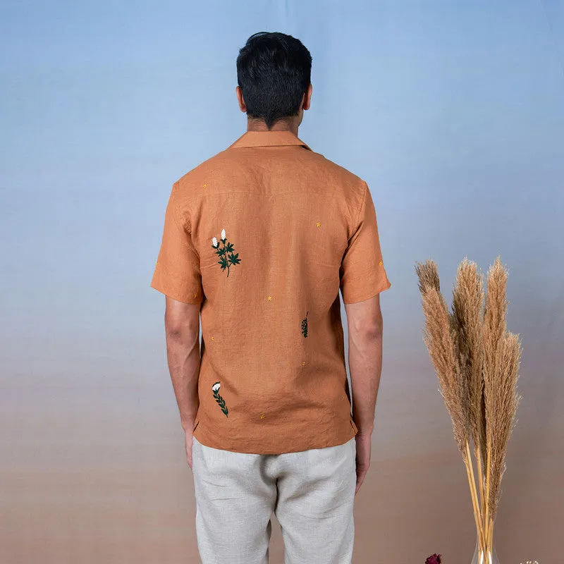 Unisex Linen Half Sleeves Shirt | Hand Embroidered | Ochre
