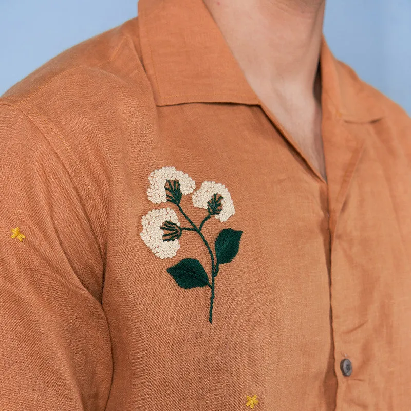 Unisex Linen Half Sleeves Shirt | Hand Embroidered | Ochre