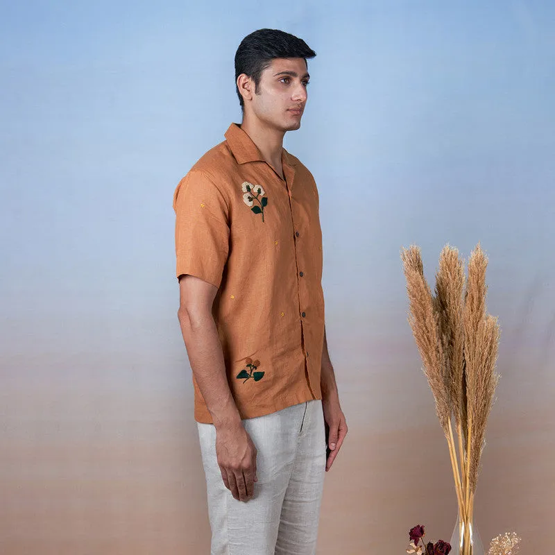 Unisex Linen Half Sleeves Shirt | Hand Embroidered | Ochre