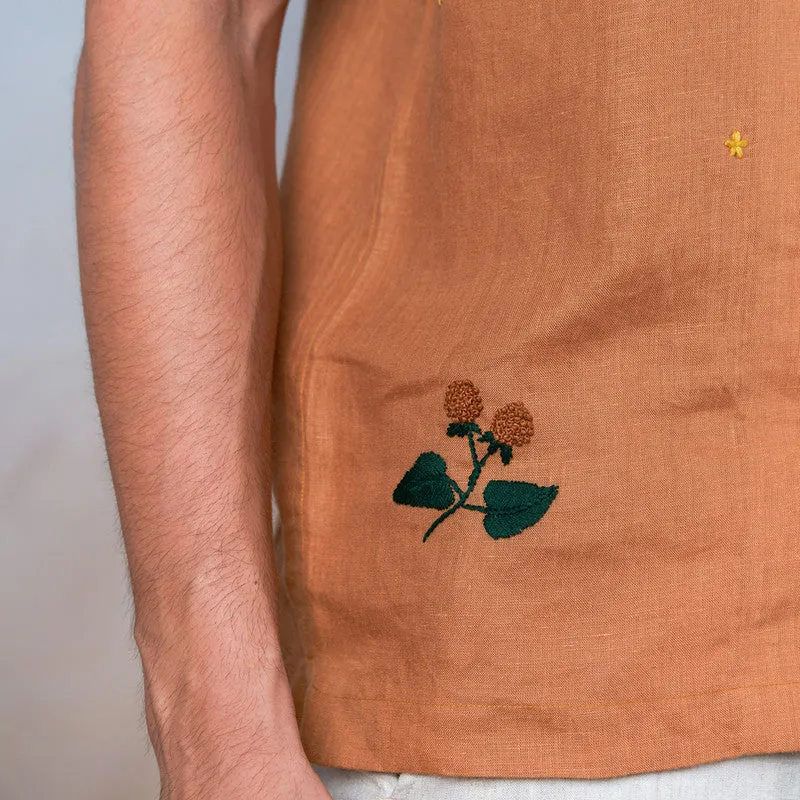 Unisex Linen Half Sleeves Shirt | Hand Embroidered | Ochre