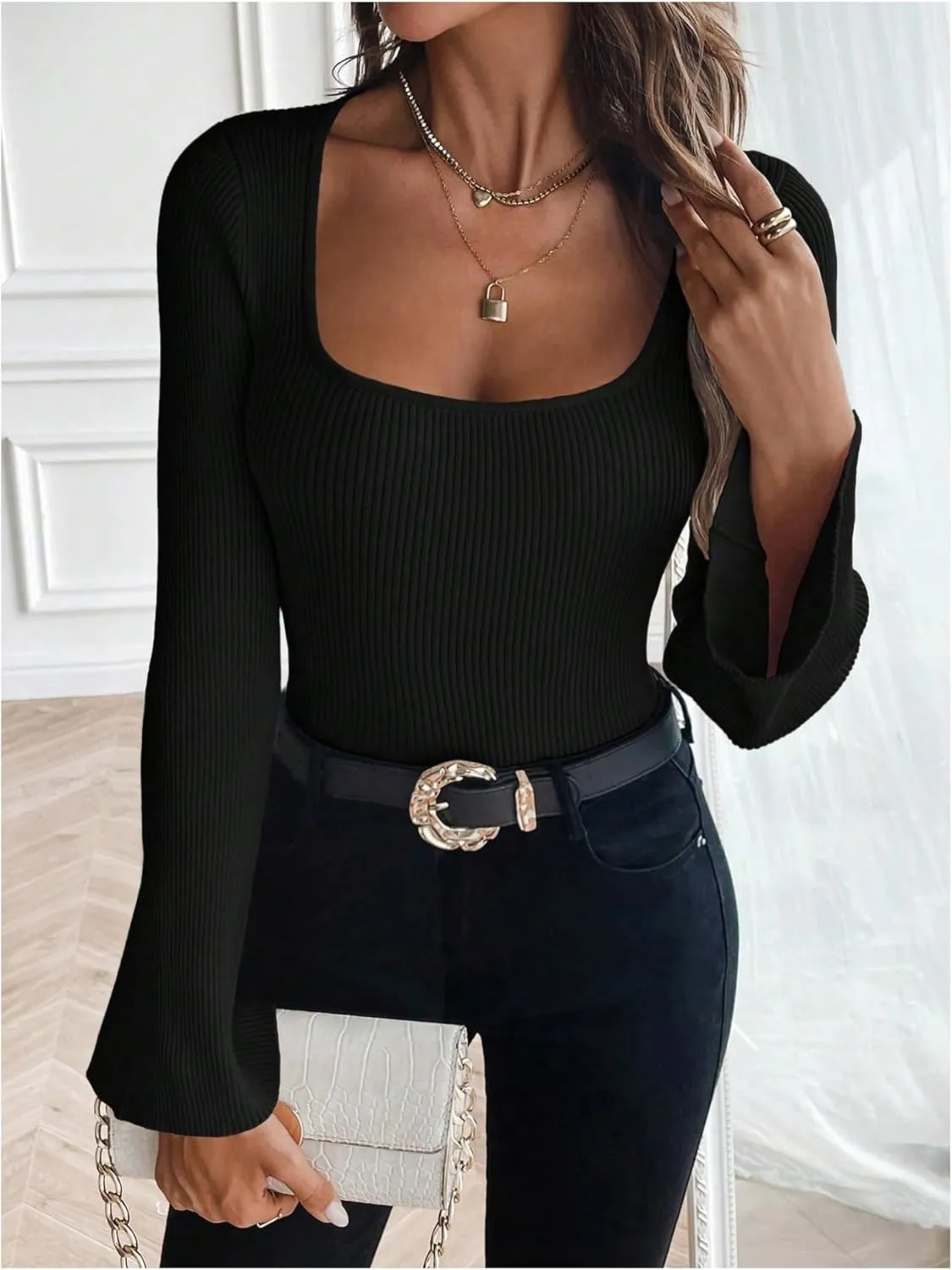 Verdusa Women's Square Neck Sweaters Long Sleeve Slim Fitted Ribbed Pullover Tops