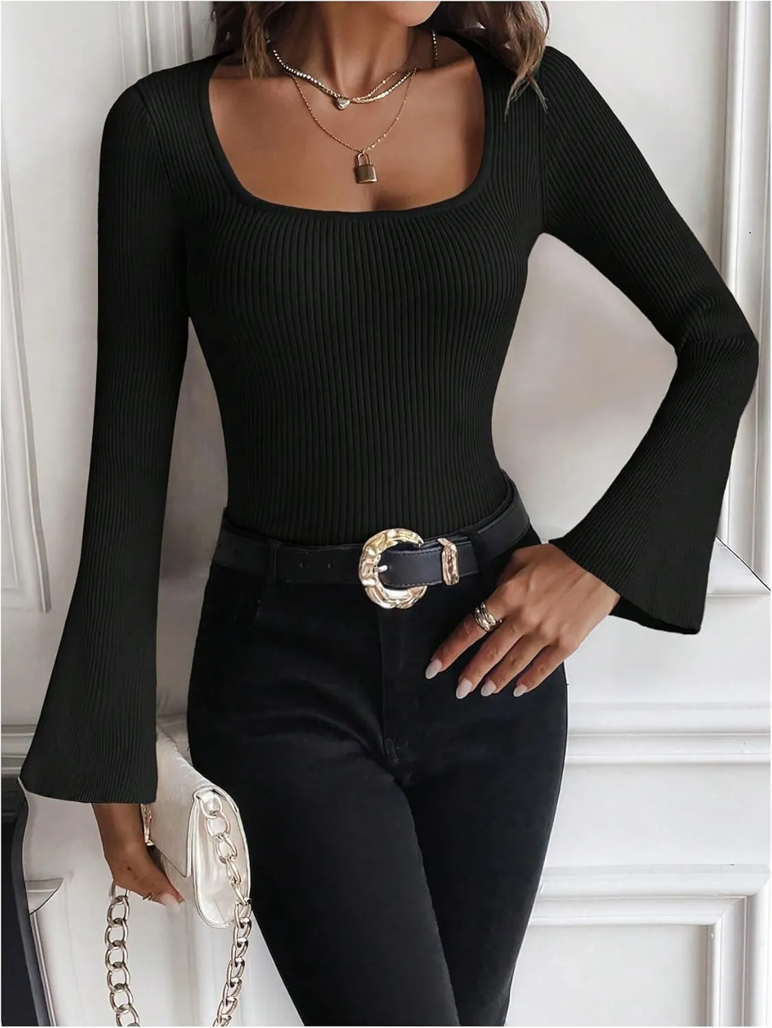 Verdusa Women's Square Neck Sweaters Long Sleeve Slim Fitted Ribbed Pullover Tops