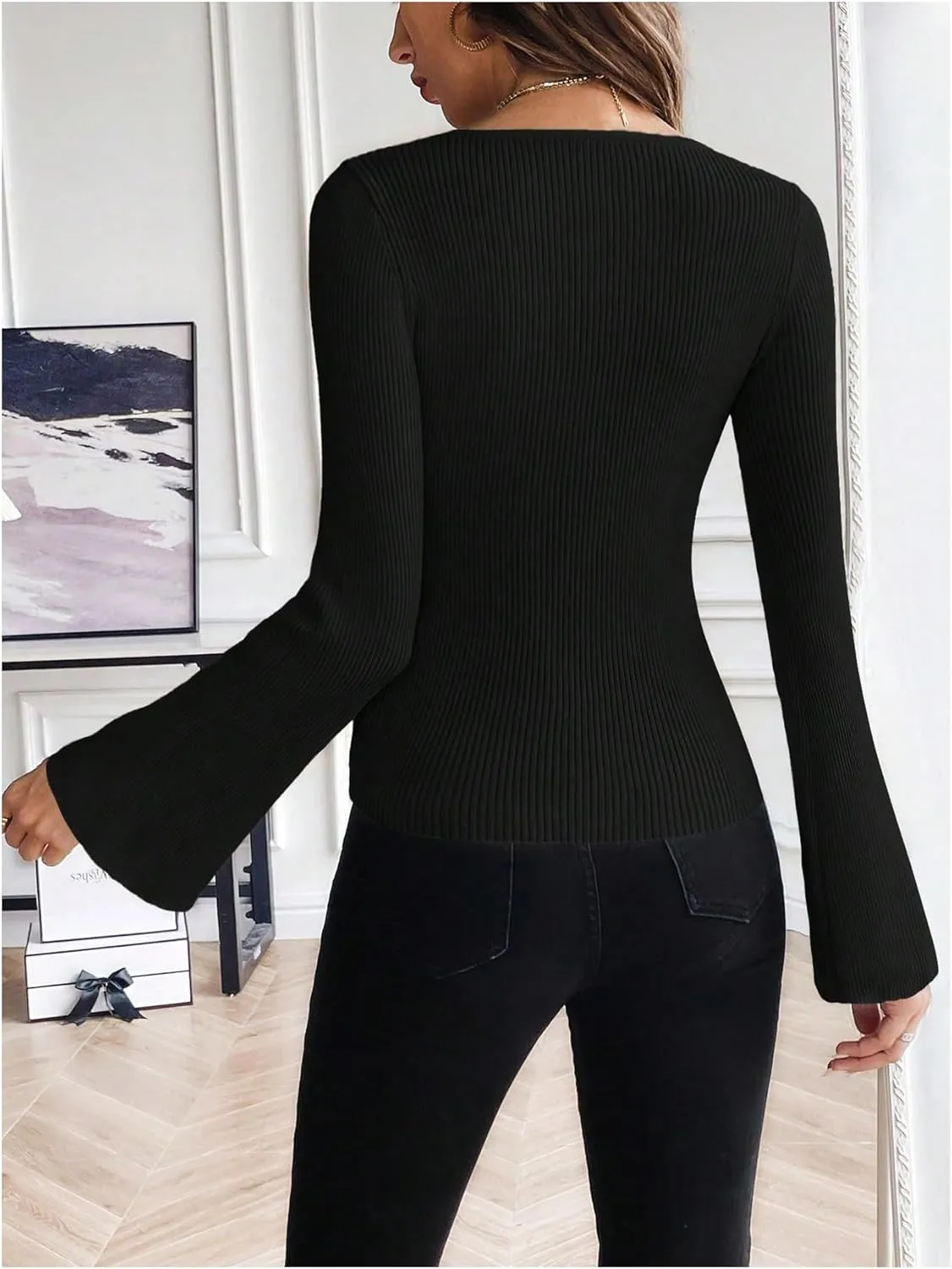 Verdusa Women's Square Neck Sweaters Long Sleeve Slim Fitted Ribbed Pullover Tops