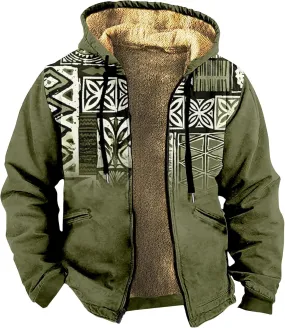 Winter Coats For Men Retro Print Zipper Hooded Warm Windbreaker Jackets Oversized Heavy Hoodie