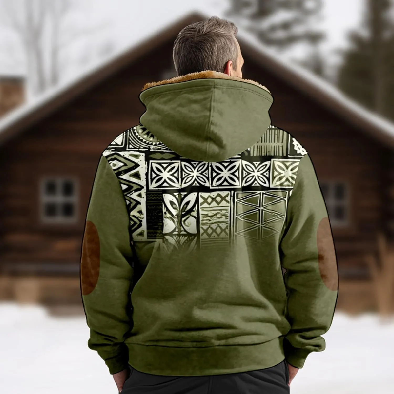 Winter Coats For Men Retro Print Zipper Hooded Warm Windbreaker Jackets Oversized Heavy Hoodie