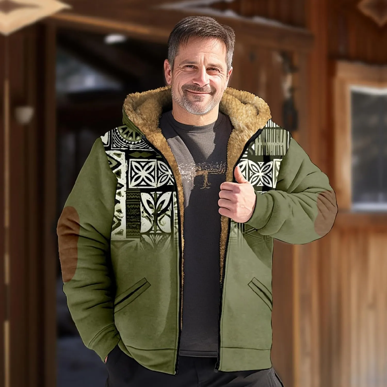 Winter Coats For Men Retro Print Zipper Hooded Warm Windbreaker Jackets Oversized Heavy Hoodie