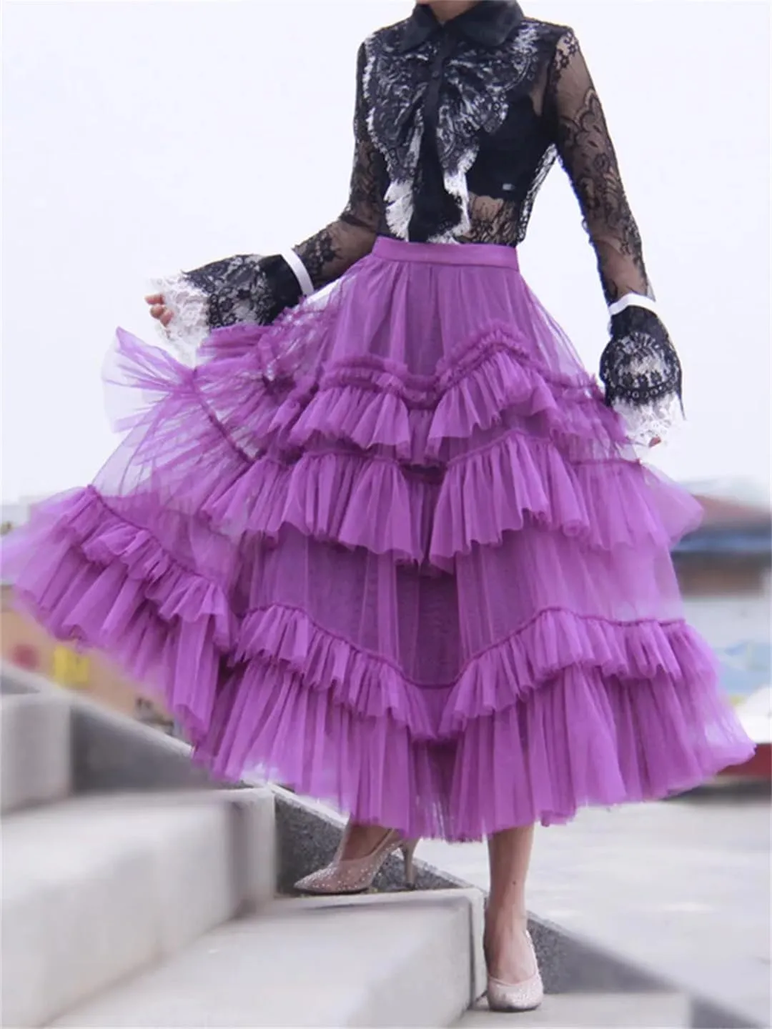 Wjnvfioo Fashion Gauze Mesh Skirt for Women Ruffles Multilayers Long Skirts Female Party Wedding Clothing