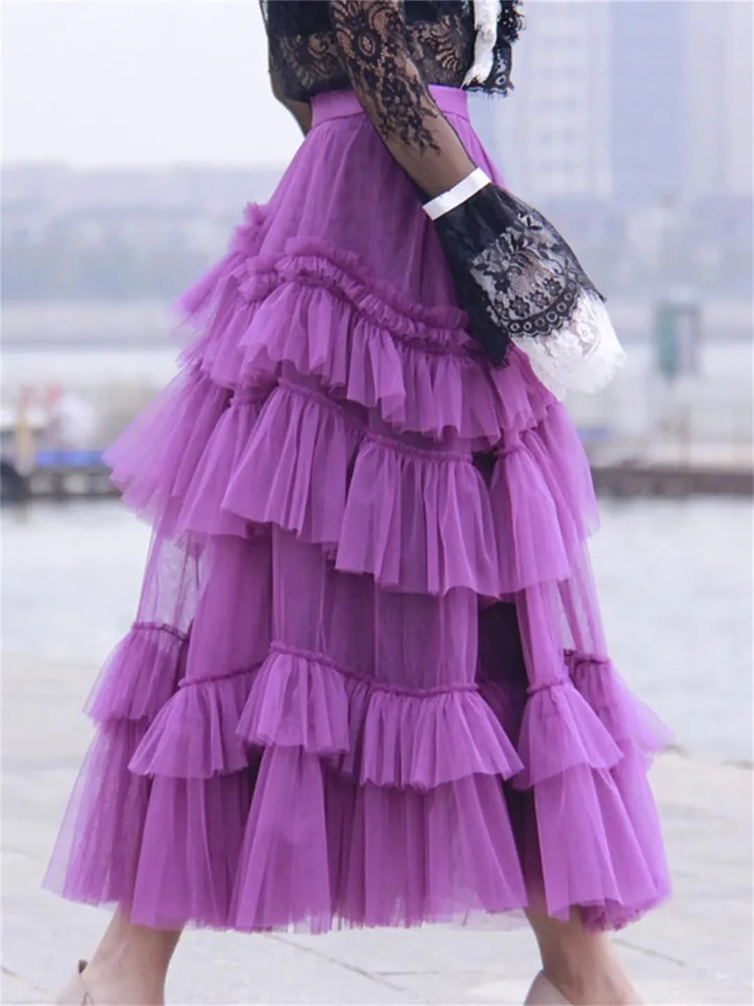 Wjnvfioo Fashion Gauze Mesh Skirt for Women Ruffles Multilayers Long Skirts Female Party Wedding Clothing