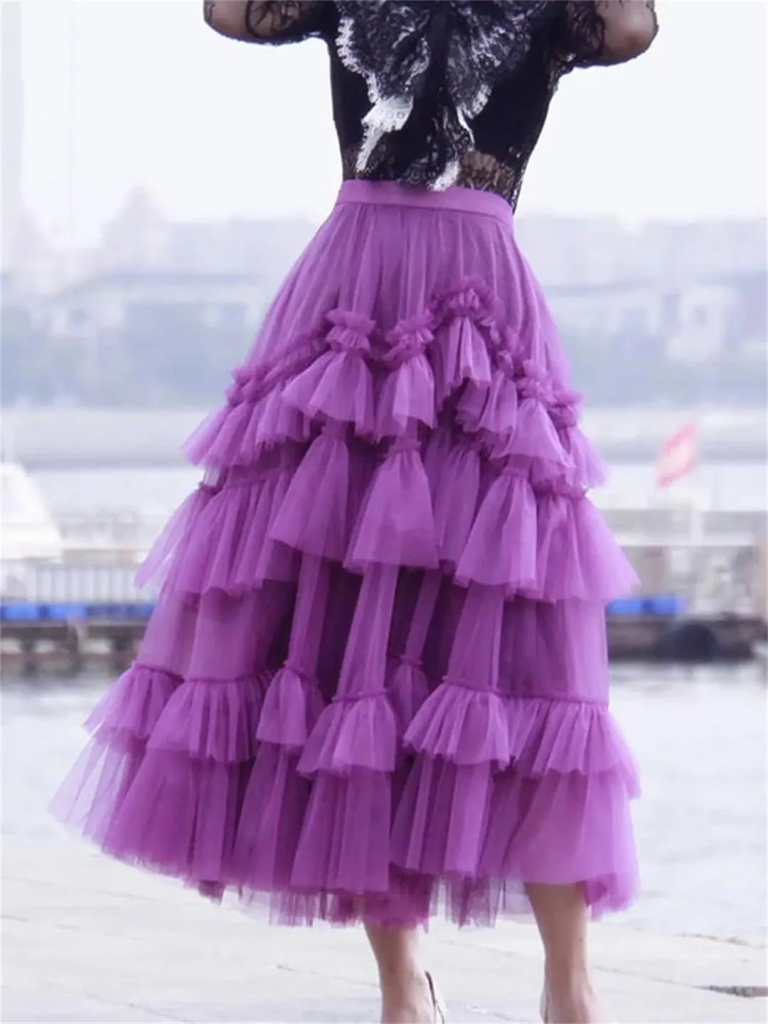 Wjnvfioo Fashion Gauze Mesh Skirt for Women Ruffles Multilayers Long Skirts Female Party Wedding Clothing