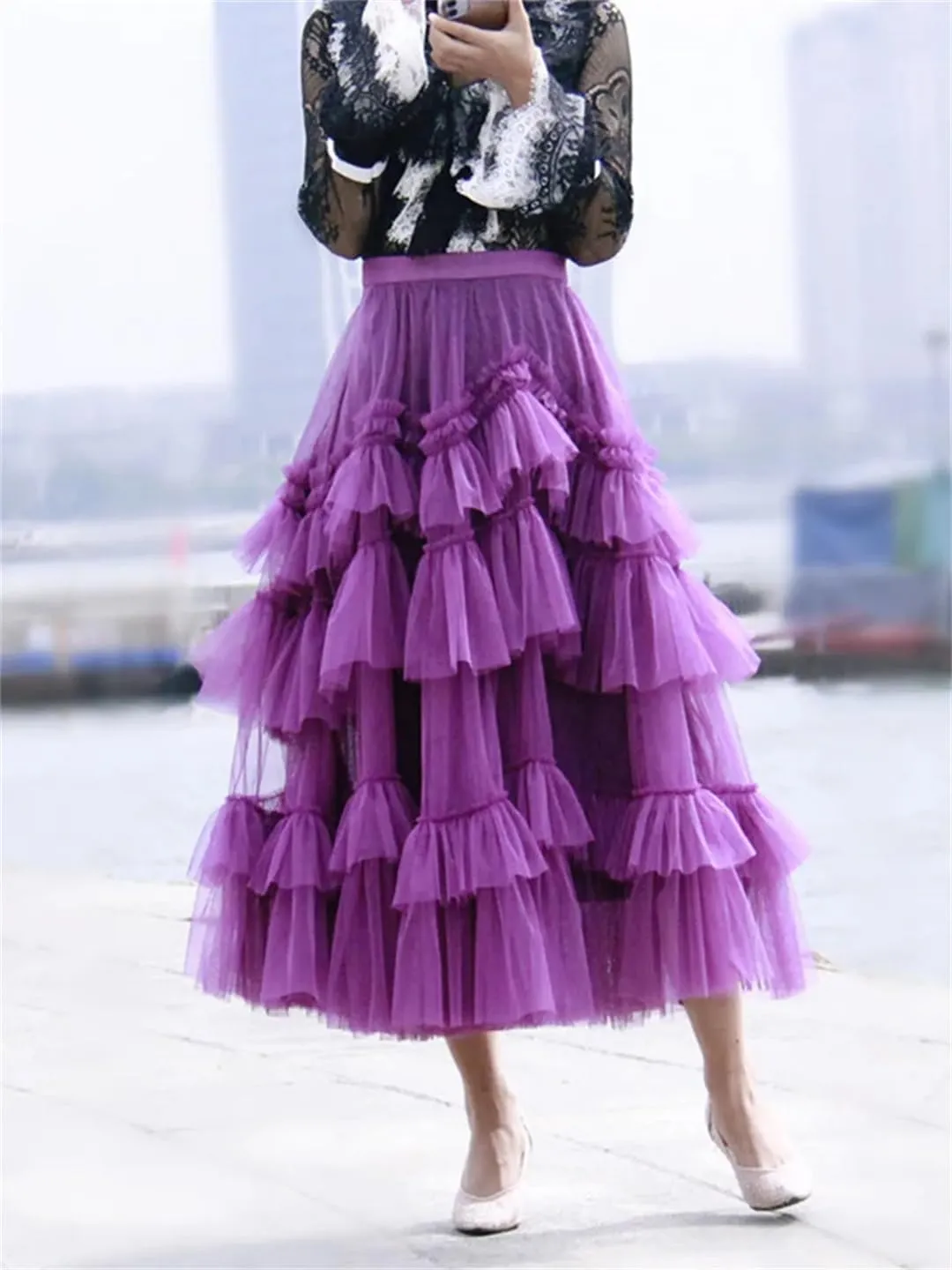 Wjnvfioo Fashion Gauze Mesh Skirt for Women Ruffles Multilayers Long Skirts Female Party Wedding Clothing