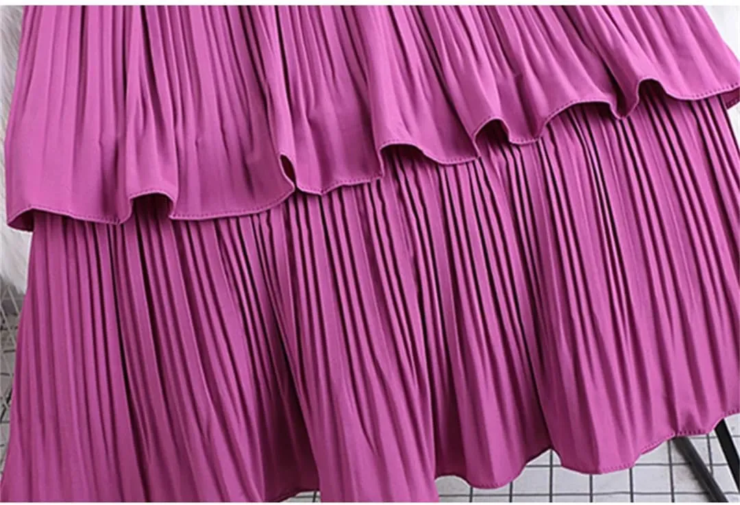 Wjnvfioo Tiered Pleated Long Skirt for Women Korean Casual Solid A Line High Waist Mid-Length Skirt Female