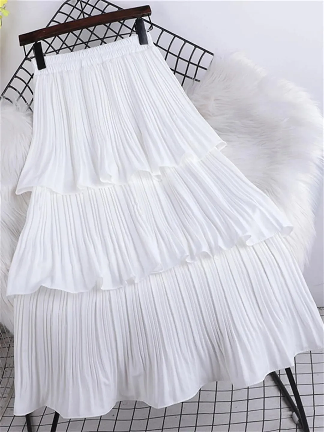 Wjnvfioo Tiered Pleated Long Skirt for Women Korean Casual Solid A Line High Waist Mid-Length Skirt Female