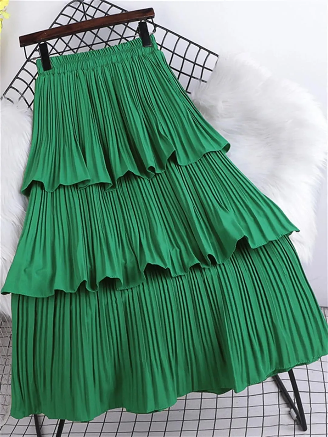 Wjnvfioo Tiered Pleated Long Skirt for Women Korean Casual Solid A Line High Waist Mid-Length Skirt Female