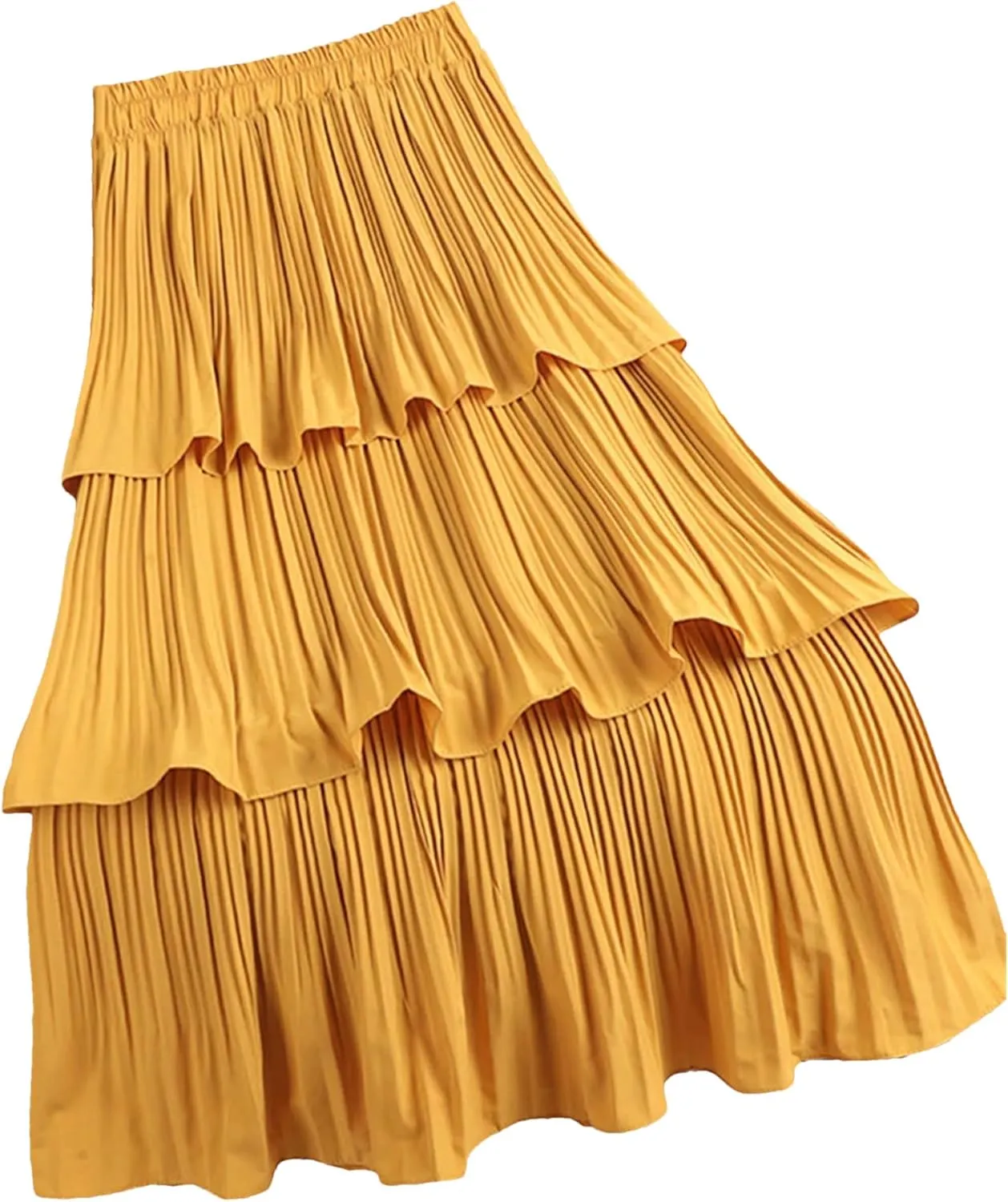 Wjnvfioo Tiered Pleated Long Skirt for Women Korean Casual Solid A Line High Waist Mid-Length Skirt Female