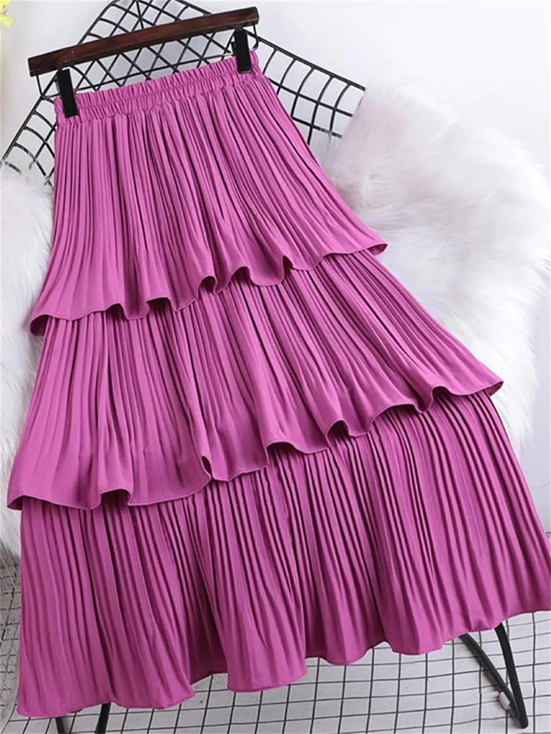 Wjnvfioo Tiered Pleated Long Skirt for Women Korean Casual Solid A Line High Waist Mid-Length Skirt Female