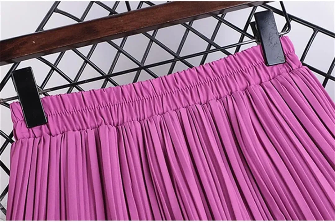 Wjnvfioo Tiered Pleated Long Skirt for Women Korean Casual Solid A Line High Waist Mid-Length Skirt Female