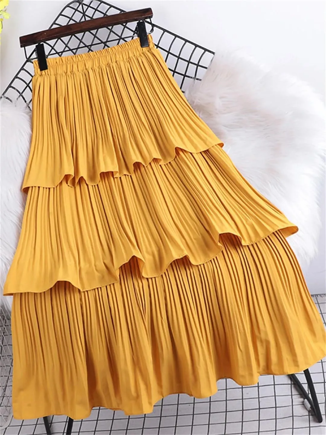 Wjnvfioo Tiered Pleated Long Skirt for Women Korean Casual Solid A Line High Waist Mid-Length Skirt Female