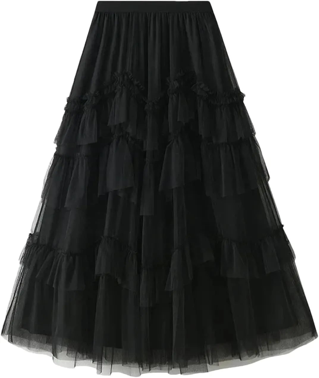 Women Cake Skirts Elegant Ruffles Tiered A Line Tulle Long Skirts Female Casual Elastic Waist Mesh Party Skirt