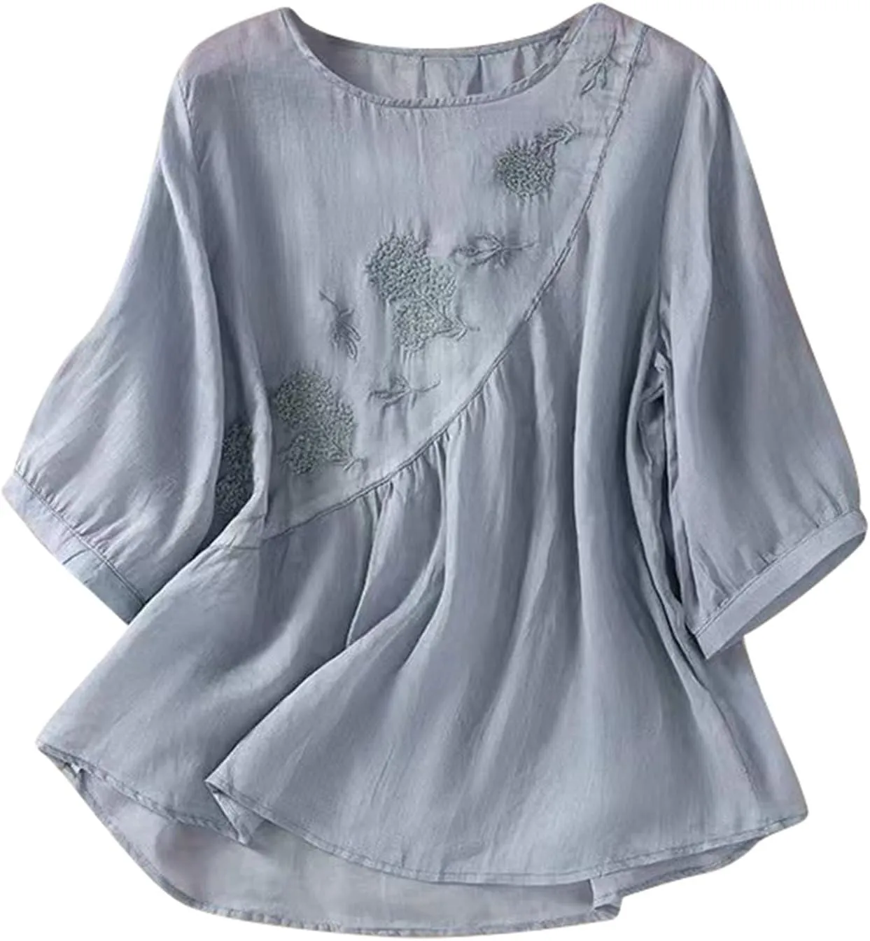 Women Short Sleeve Cotton Linen Shirt Casual Crew Neck Oversized T Shirts Solid Color Loose Fit Summer Tshirt