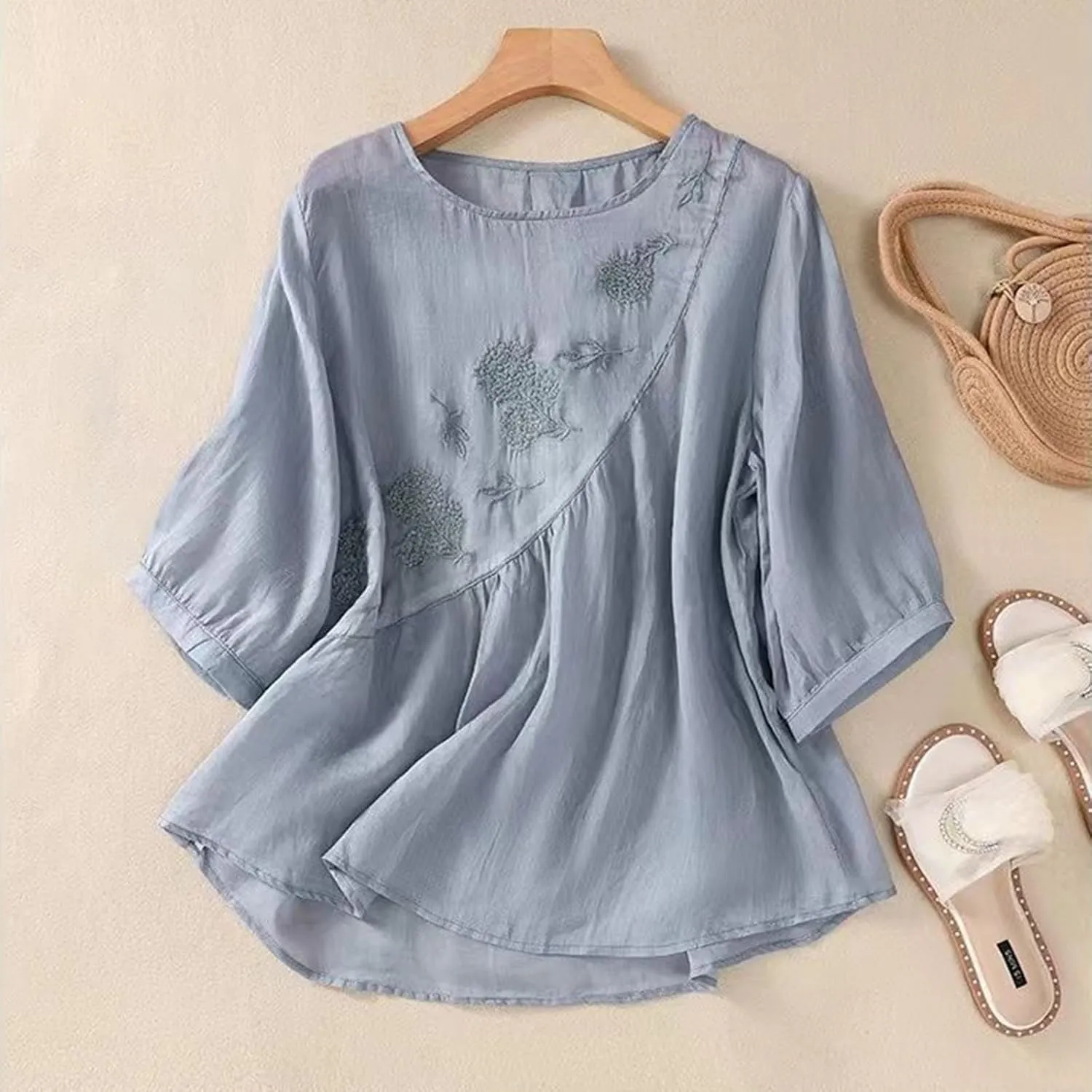 Women Short Sleeve Cotton Linen Shirt Casual Crew Neck Oversized T Shirts Solid Color Loose Fit Summer Tshirt