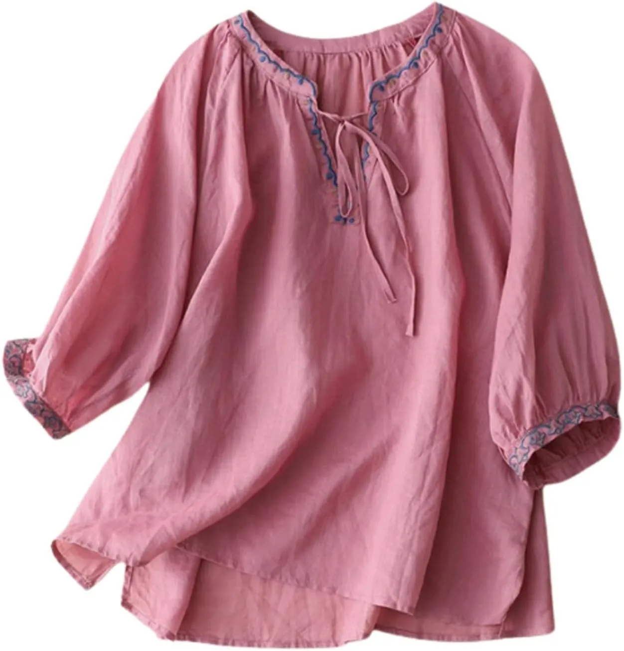 Women's Linen Shirts V-Neck Retro Blouses Bohemian Embroidery Oversized Tee Tops Long Sleeve Loose T Shirts