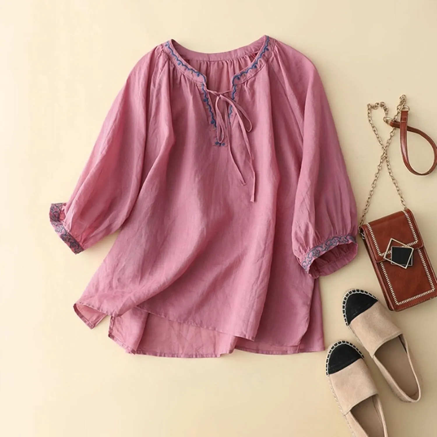 Women's Linen Shirts V-Neck Retro Blouses Bohemian Embroidery Oversized Tee Tops Long Sleeve Loose T Shirts