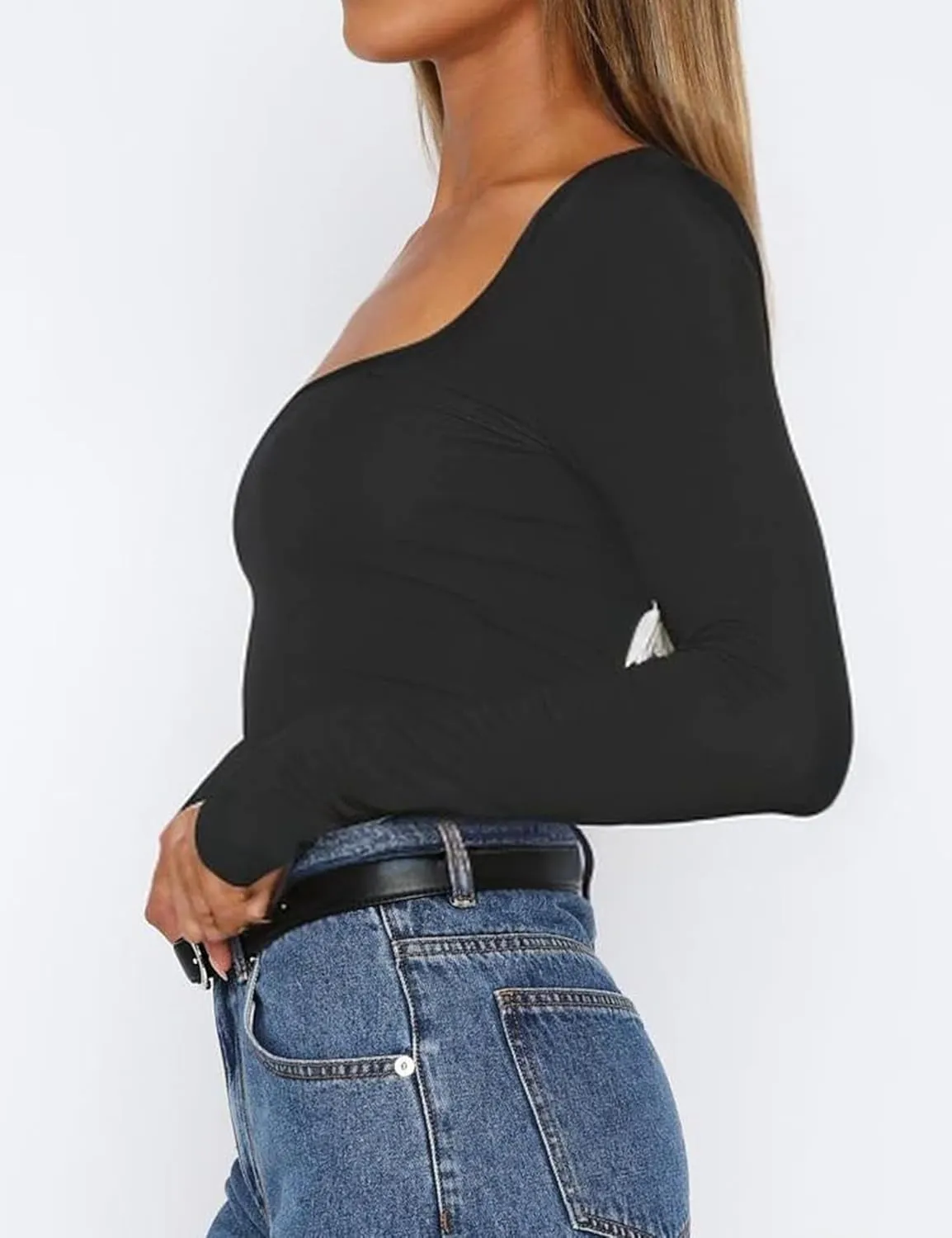 Womens Long Sleeve Square Neck Shirts Crop Tops Going Out Casual Basic Tees Slim Fit Fall Outfits Trendy Clothes