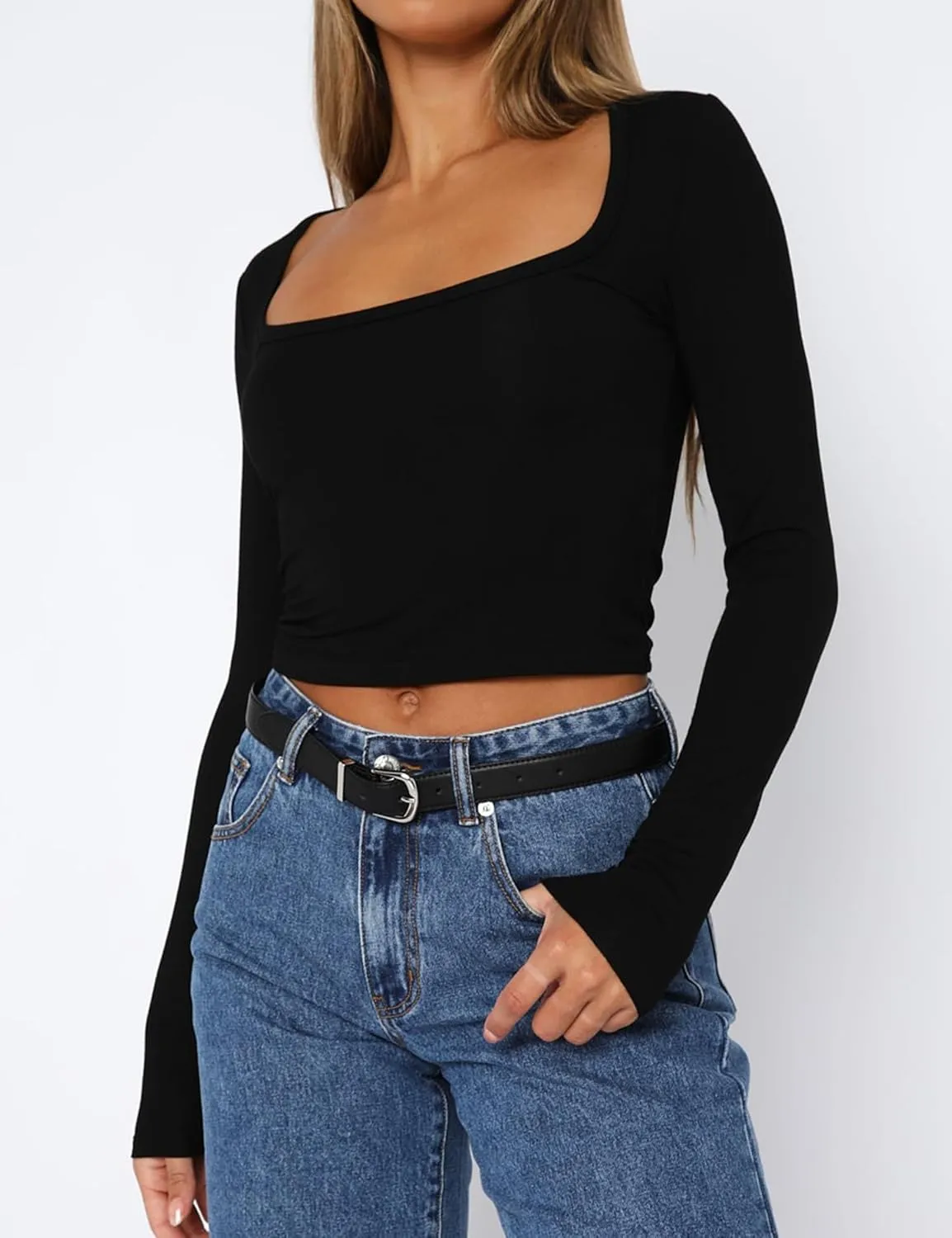Womens Long Sleeve Square Neck Shirts Crop Tops Going Out Casual Basic Tees Slim Fit Fall Outfits Trendy Clothes