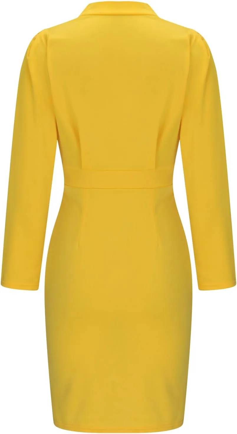 Women's Trendy Ruched Bodycon Dress Long Sleeve Wrap V Neck Midi Summer Dresses High Waisted Solid Color Casual Dress