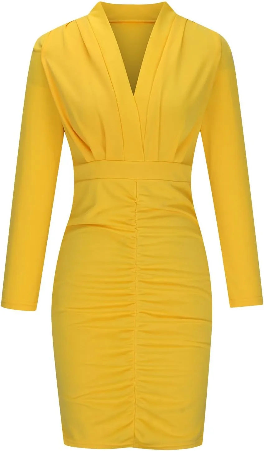 Women's Trendy Ruched Bodycon Dress Long Sleeve Wrap V Neck Midi Summer Dresses High Waisted Solid Color Casual Dress