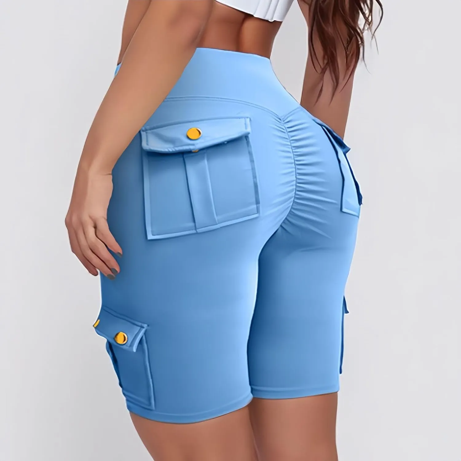 Workout Biker Shorts with Pockets for Women High Waisted Scrunch Gym Biker Booty Shorts Tummy Control Cargo Pants