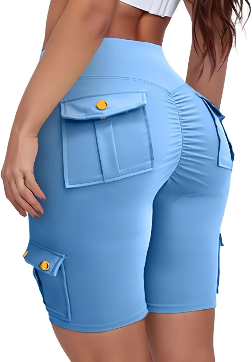 Workout Biker Shorts with Pockets for Women High Waisted Scrunch Gym Biker Booty Shorts Tummy Control Cargo Pants